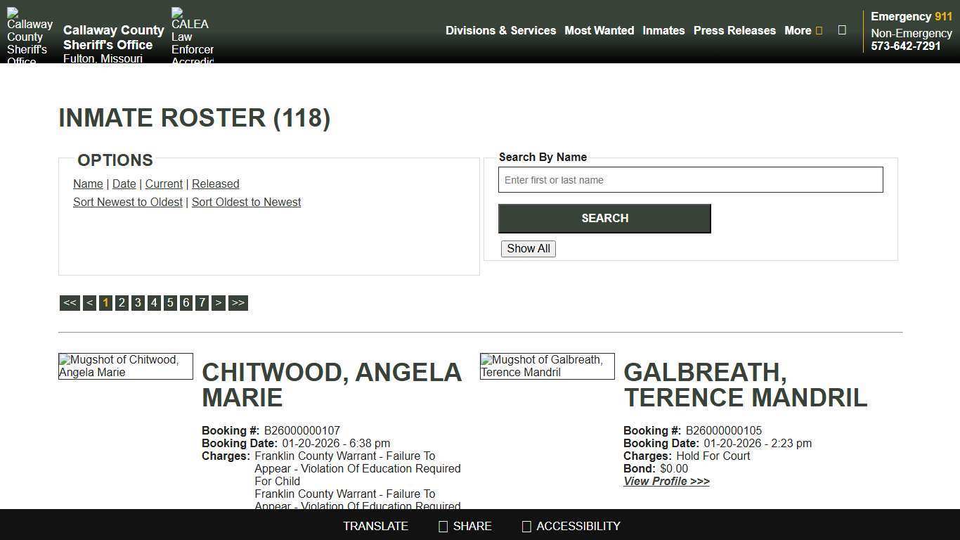 Inmate Roster - Current Inmates Booking Date Descending - Callaway County Sheriff's Office, Missouri