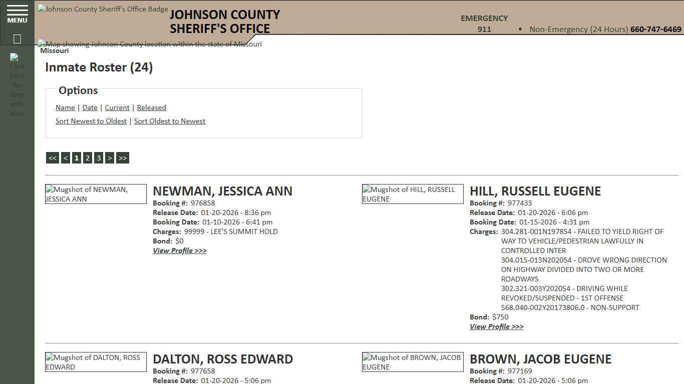 Inmate Roster - Released Inmates Booking Date Descending - Johnson County Sheriff MO